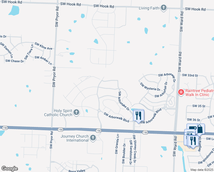 map of restaurants, bars, coffee shops, grocery stores, and more near 1526 Southwest Arbor Park Drive in Lee's Summit