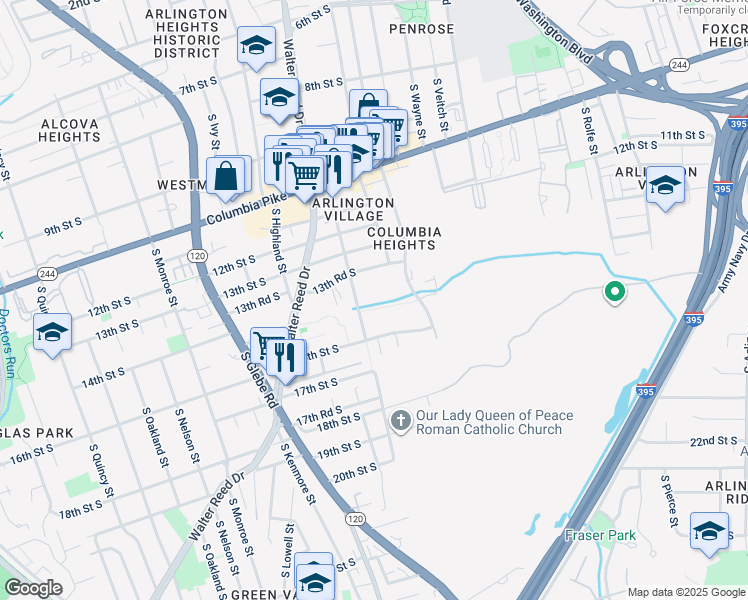 map of restaurants, bars, coffee shops, grocery stores, and more near 1415 South Edgewood Street in Arlington