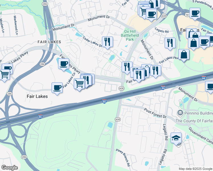 map of restaurants, bars, coffee shops, grocery stores, and more near 4455 Beacon Grove Circle in Fairfax