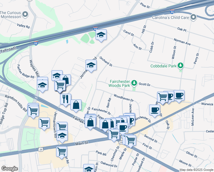 map of restaurants, bars, coffee shops, grocery stores, and more near 10921 Warwick Avenue in Fairfax