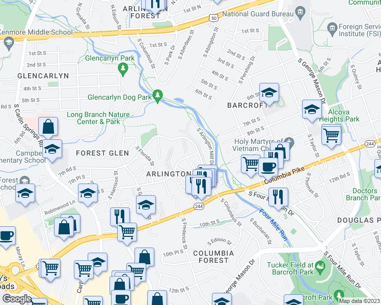 map of restaurants, bars, coffee shops, grocery stores, and more near 5007 8th Road South in Arlington
