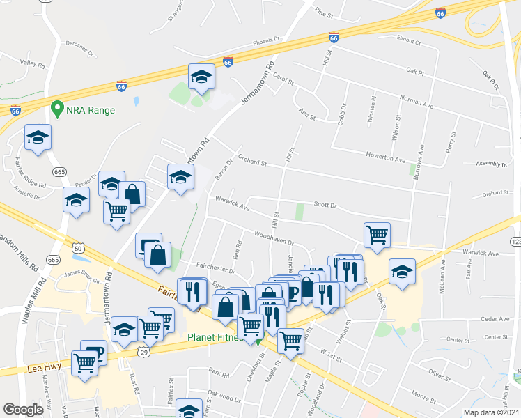 map of restaurants, bars, coffee shops, grocery stores, and more near 10908 Warwick Avenue in Fairfax