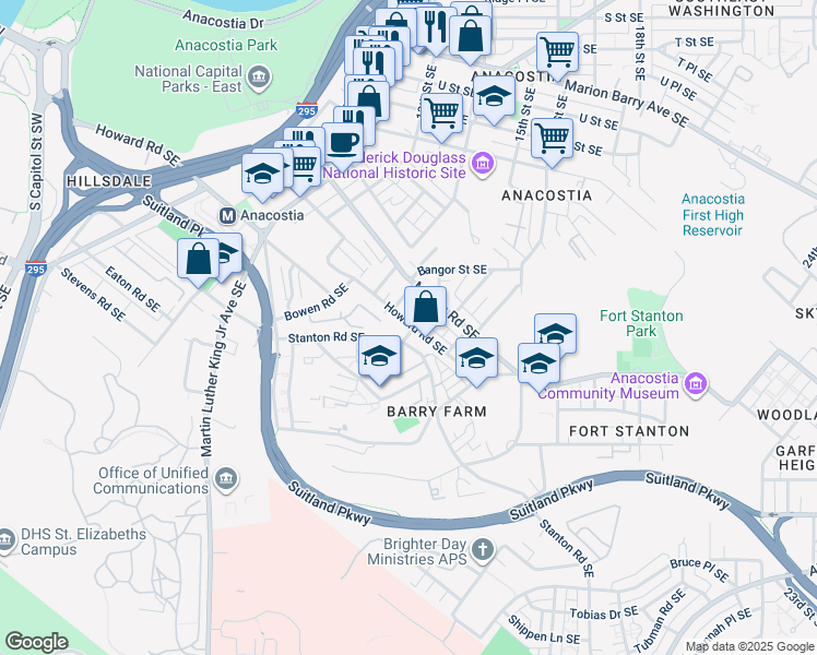 map of restaurants, bars, coffee shops, grocery stores, and more near 2409 Bryan Place Southeast in Washington