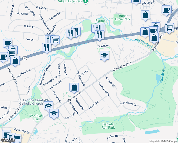 map of restaurants, bars, coffee shops, grocery stores, and more near 9911 Farr Drive in Fairfax