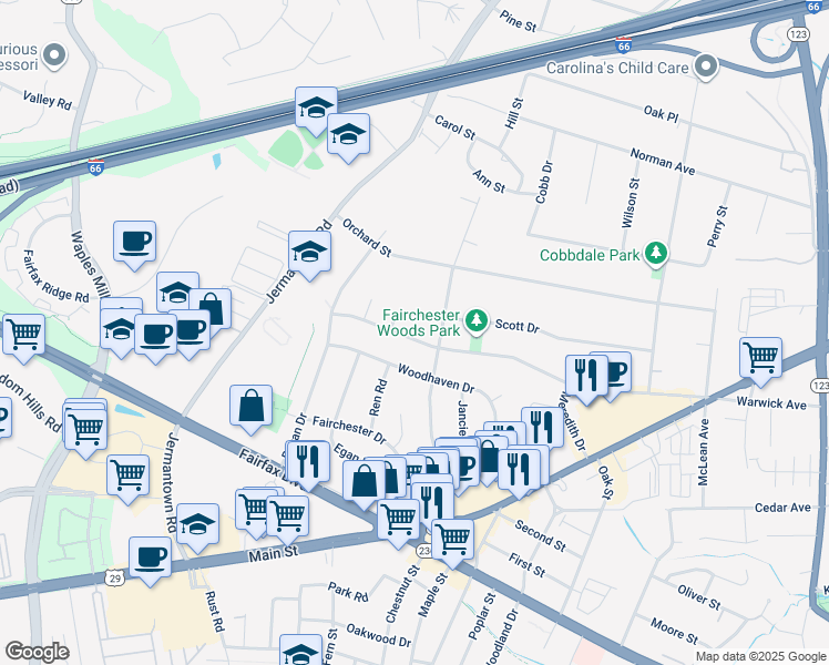map of restaurants, bars, coffee shops, grocery stores, and more near 10908 Warwick Avenue in Fairfax
