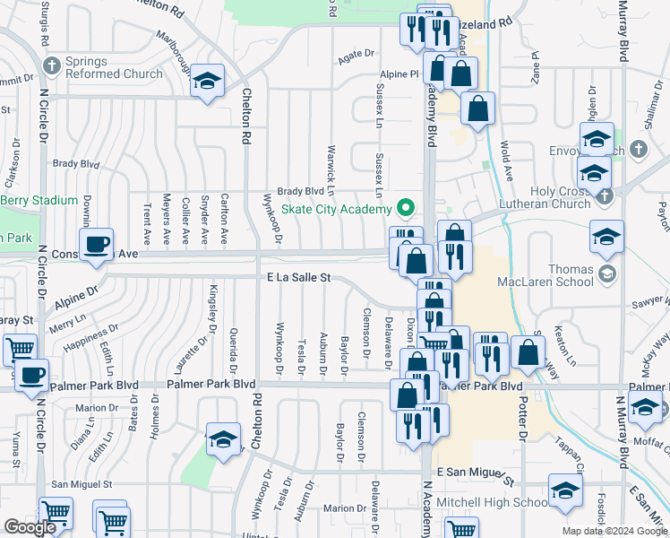 map of restaurants, bars, coffee shops, grocery stores, and more near 3610 East La Salle Street in Colorado Springs