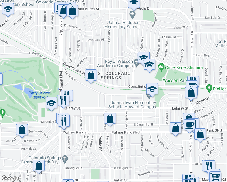 map of restaurants, bars, coffee shops, grocery stores, and more near 2354 East La Salle Street in Colorado Springs