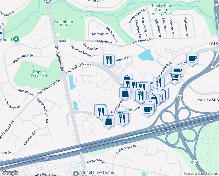 map of restaurants, bars, coffee shops, grocery stores, and more near 4725 Quiet Woods Lane in Fairfax