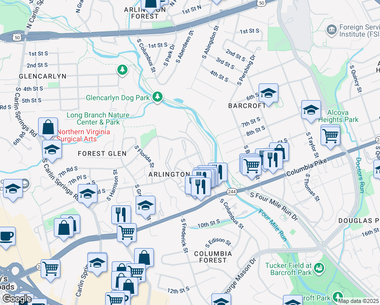 map of restaurants, bars, coffee shops, grocery stores, and more near 5007 8th Road South in Arlington