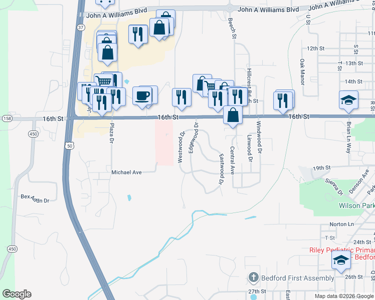 map of restaurants, bars, coffee shops, grocery stores, and more near 115 Edgewood Drive in Bedford