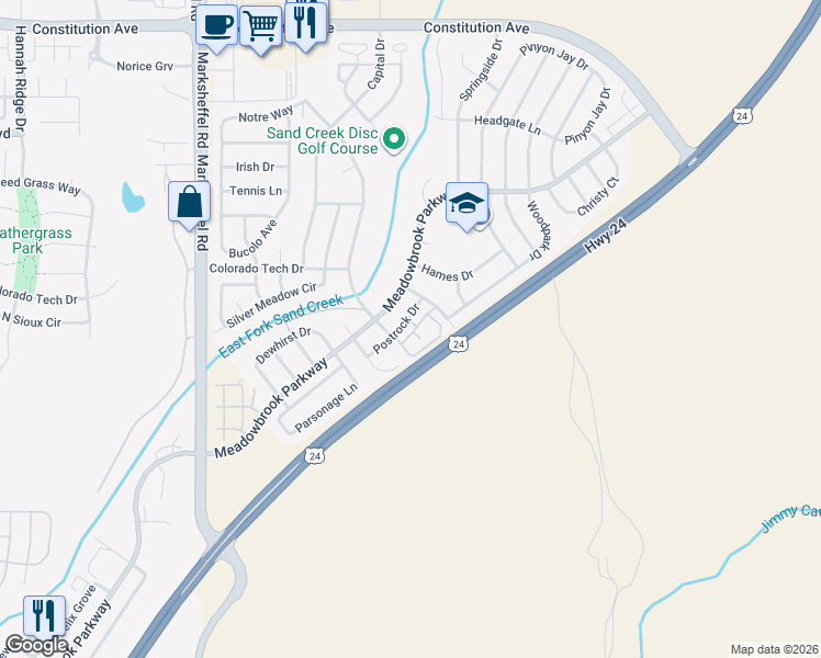 map of restaurants, bars, coffee shops, grocery stores, and more near 1856 Reilly Grove in Colorado Springs