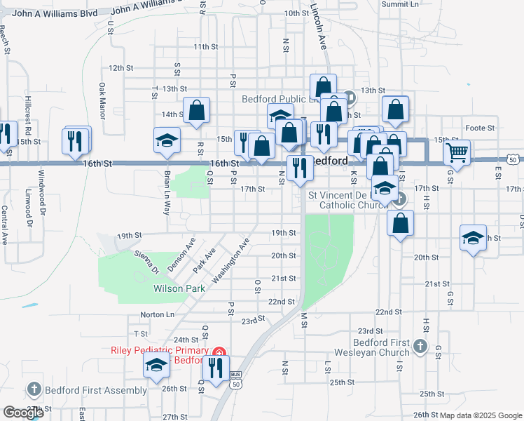 map of restaurants, bars, coffee shops, grocery stores, and more near 1728 O Street in Bedford