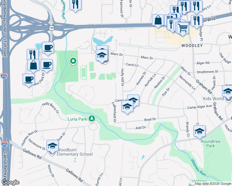 map of restaurants, bars, coffee shops, grocery stores, and more near 7506 St Phillips Ct in Falls Church