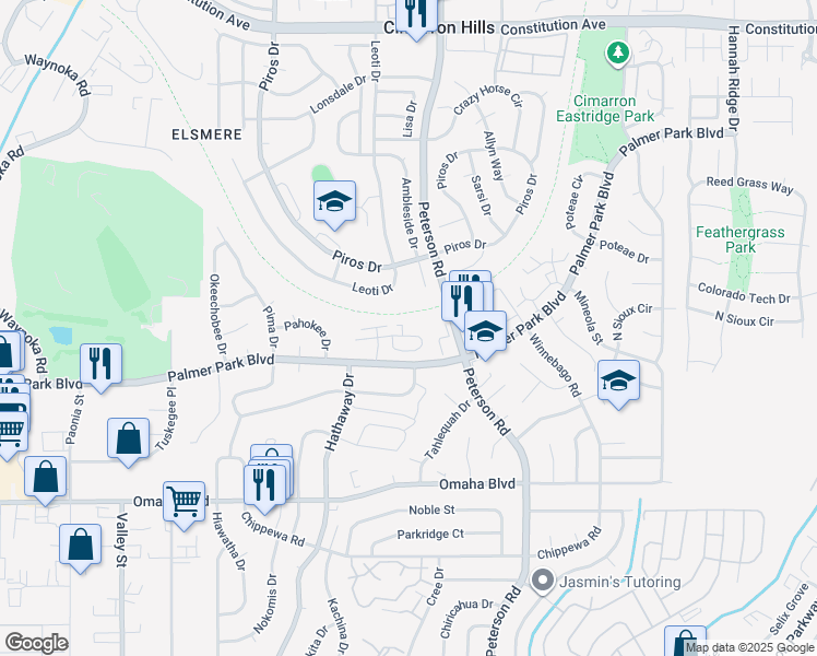 map of restaurants, bars, coffee shops, grocery stores, and more near 6710 Pahokee Court in Colorado Springs