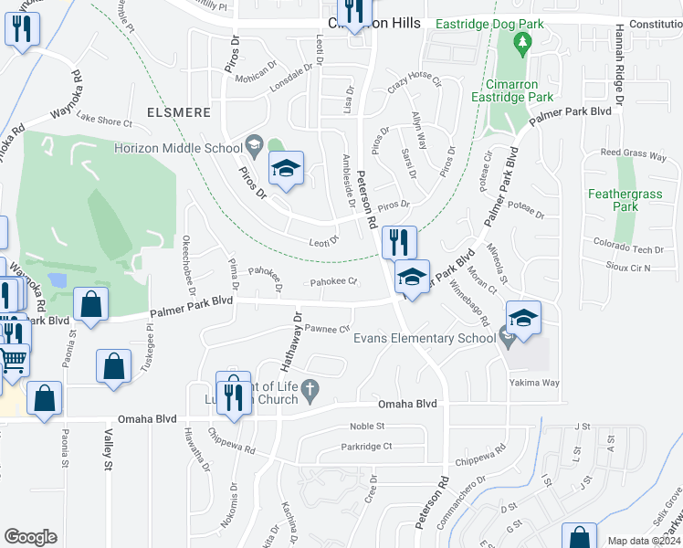map of restaurants, bars, coffee shops, grocery stores, and more near 6710 Pahokee Court in Colorado Springs