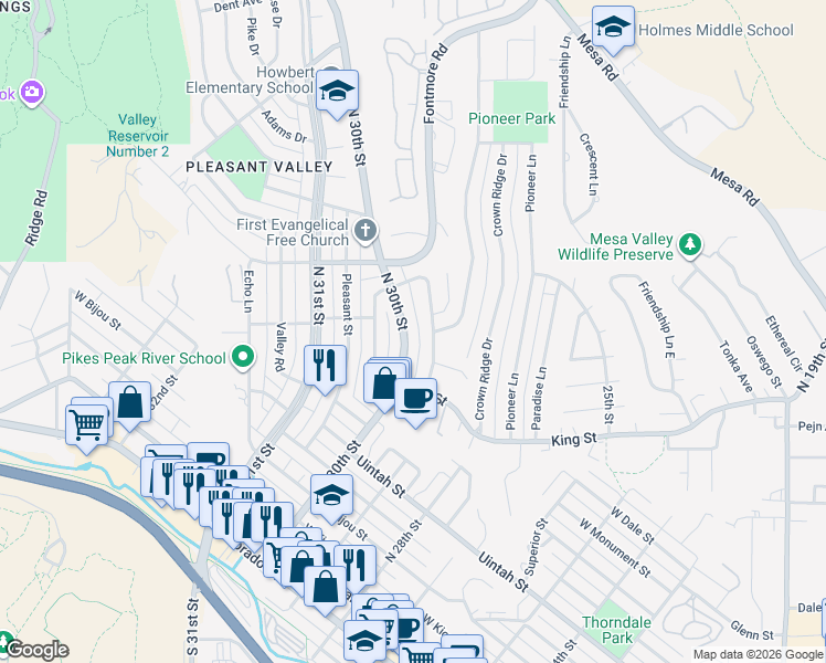 map of restaurants, bars, coffee shops, grocery stores, and more near 652 North 30th Street in Colorado Springs