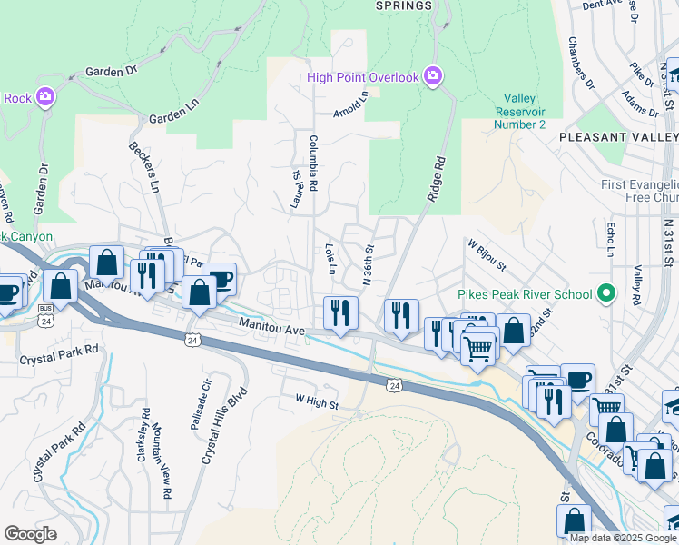 map of restaurants, bars, coffee shops, grocery stores, and more near 3621 Saint Charles Street in Colorado Springs