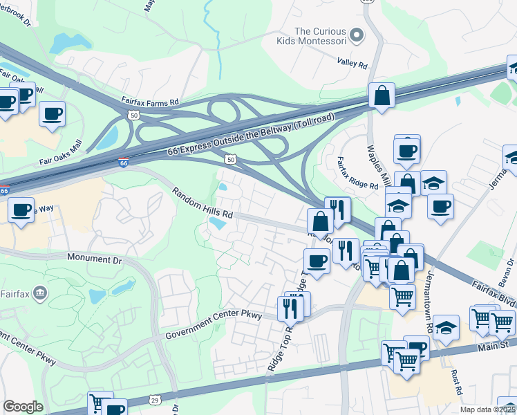 map of restaurants, bars, coffee shops, grocery stores, and more near 11443 Sherwood Forest Way in Fairfax
