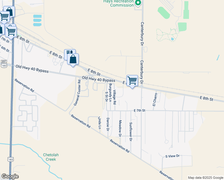 map of restaurants, bars, coffee shops, grocery stores, and more near 1720 East US Highway 40 Bypass in Hays
