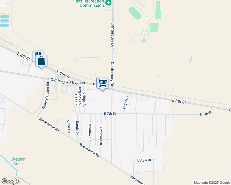map of restaurants, bars, coffee shops, grocery stores, and more near 2020 East 8th Street in Hays