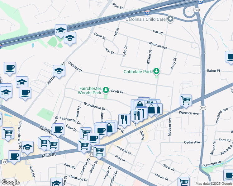 map of restaurants, bars, coffee shops, grocery stores, and more near 10807 Scott Drive in Fairfax