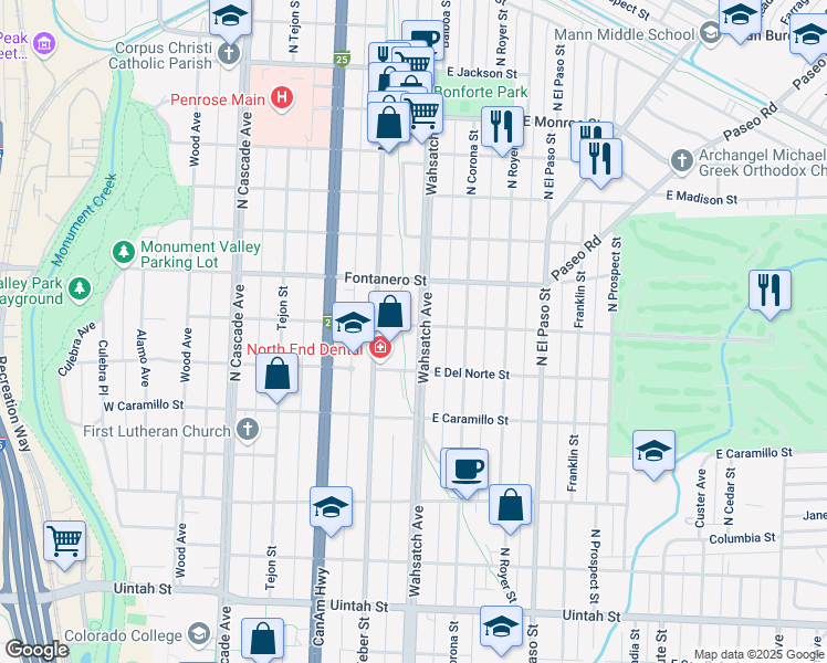 map of restaurants, bars, coffee shops, grocery stores, and more near 1732 North Wahsatch Avenue in Colorado Springs