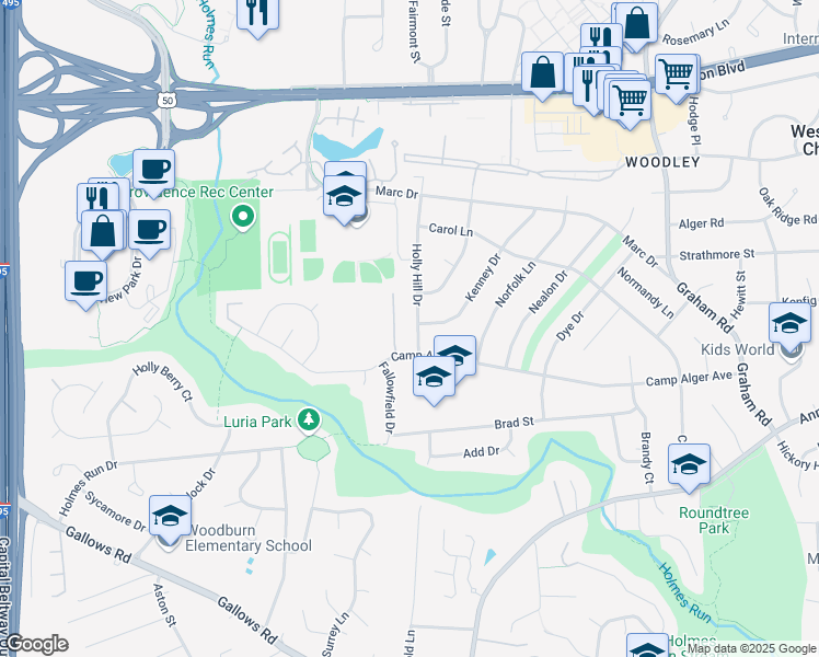 map of restaurants, bars, coffee shops, grocery stores, and more near 3238 Holly Hill Drive in Falls Church