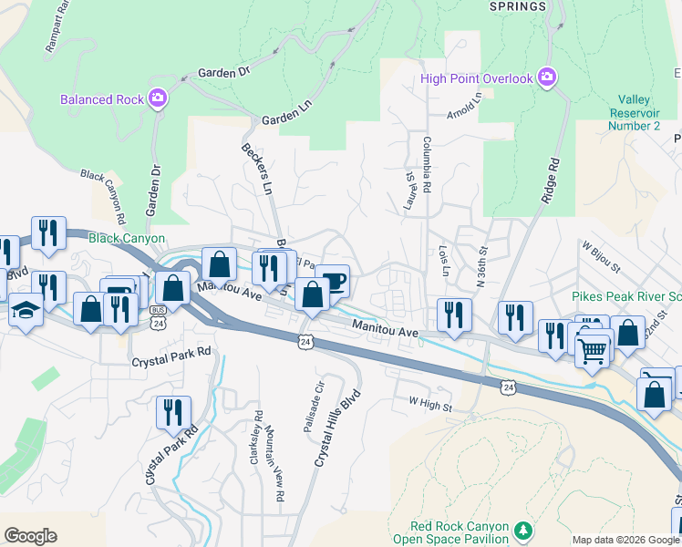 map of restaurants, bars, coffee shops, grocery stores, and more near 22 El Paso Boulevard in Manitou Springs