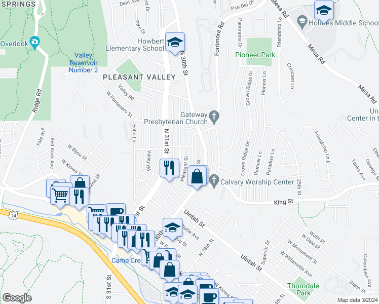 map of restaurants, bars, coffee shops, grocery stores, and more near 660 Glen Eyrie Circle in Colorado Springs