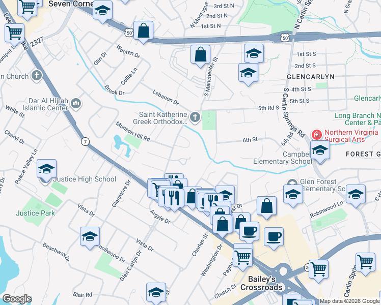 map of restaurants, bars, coffee shops, grocery stores, and more near 6044 Hardwick Place in Falls Church