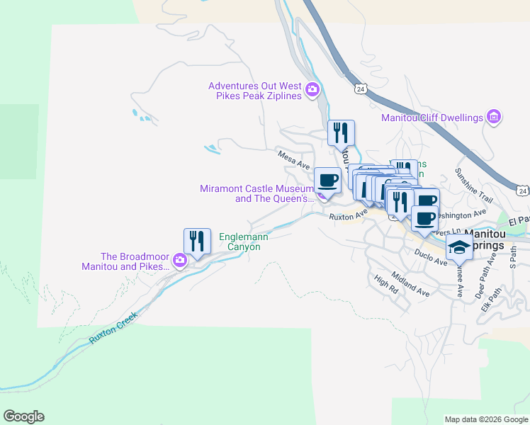 map of restaurants, bars, coffee shops, grocery stores, and more near 372 Pilot Knob Avenue in Manitou Springs