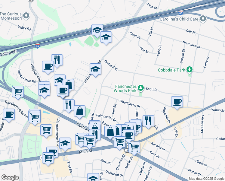 map of restaurants, bars, coffee shops, grocery stores, and more near 10921 Warwick Avenue in Fairfax