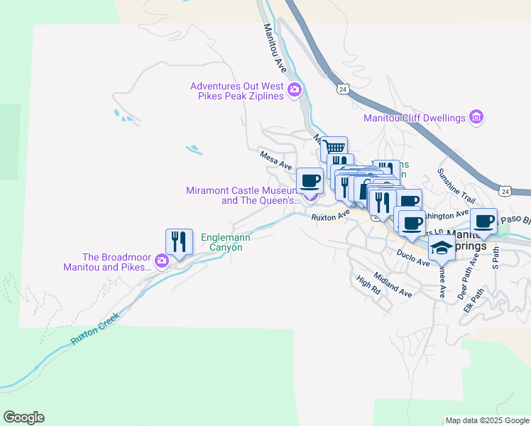 map of restaurants, bars, coffee shops, grocery stores, and more near 347 Pilot Knob Avenue in Manitou Springs