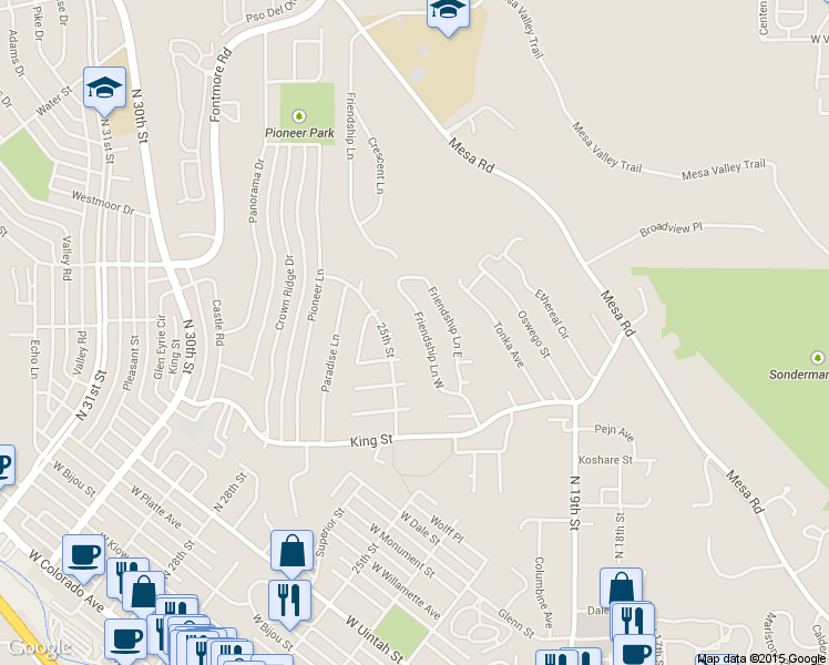map of restaurants, bars, coffee shops, grocery stores, and more near 1390 Friendship Lane West in Colorado Springs