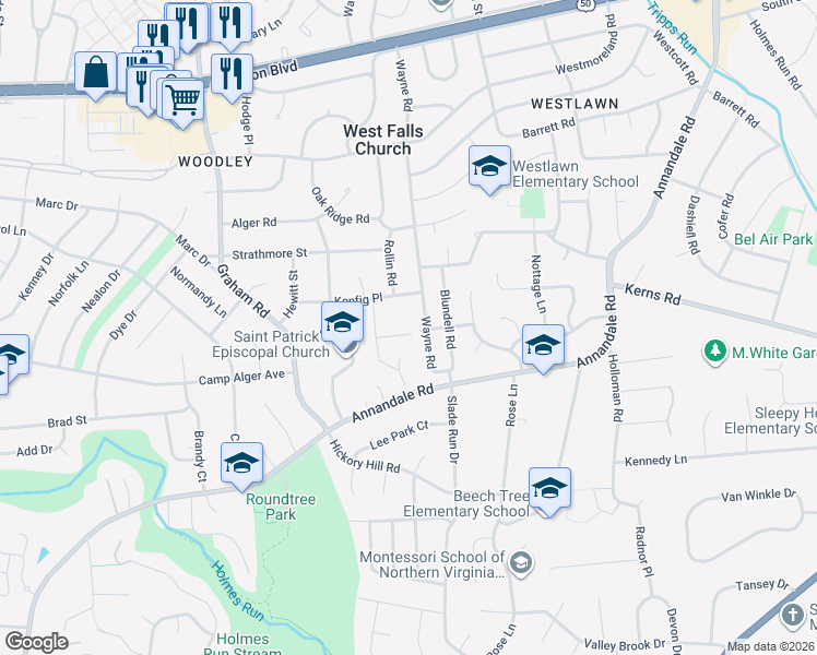 map of restaurants, bars, coffee shops, grocery stores, and more near 7016 McSherry Drive in Falls Church