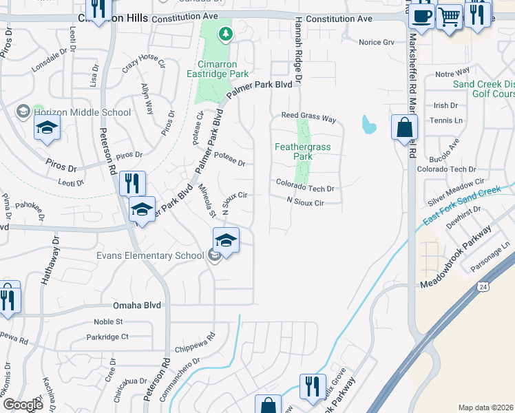 map of restaurants, bars, coffee shops, grocery stores, and more near 1885 Shawnee Drive in Colorado Springs