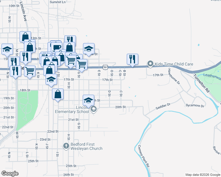 map of restaurants, bars, coffee shops, grocery stores, and more near 327 18th Street in Bedford
