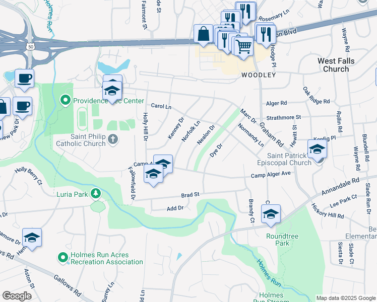 map of restaurants, bars, coffee shops, grocery stores, and more near 3238 Nealon Drive in Falls Church