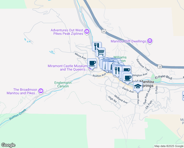 map of restaurants, bars, coffee shops, grocery stores, and more near 12 Capitol Hill Avenue in Manitou Springs