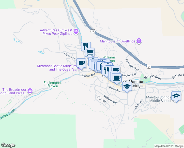 map of restaurants, bars, coffee shops, grocery stores, and more near 20 Ruxton Avenue in Manitou Springs