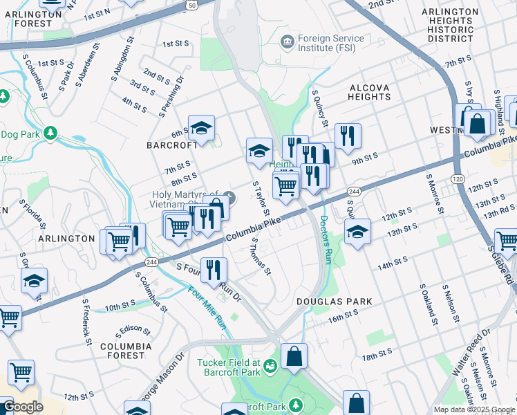 map of restaurants, bars, coffee shops, grocery stores, and more near 998 South Taylor Street in Arlington