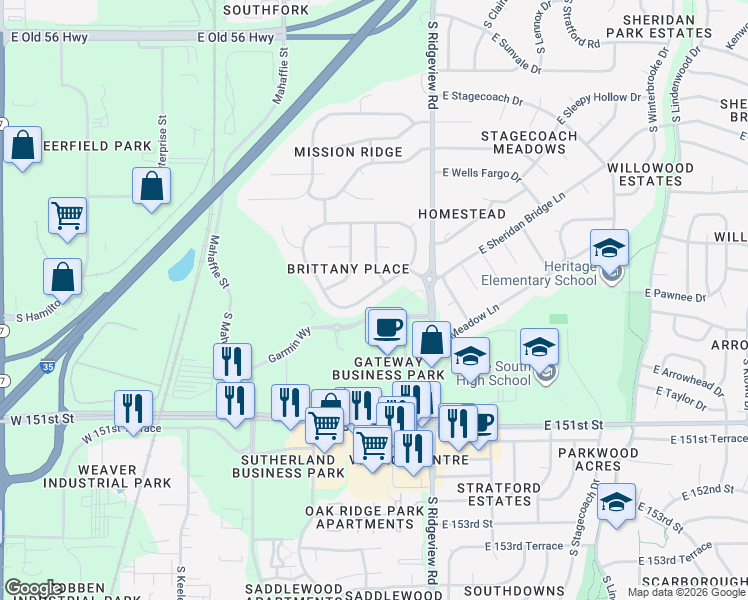 map of restaurants, bars, coffee shops, grocery stores, and more near 1229 East Meadow Lane in Olathe