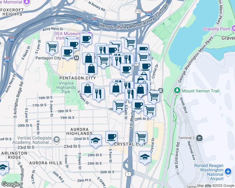 map of restaurants, bars, coffee shops, grocery stores, and more near 1600 South Eads Street in Arlington