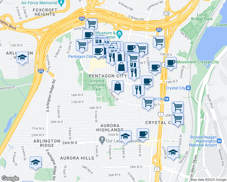 map of restaurants, bars, coffee shops, grocery stores, and more near 1675 South Hayes Street in Arlington