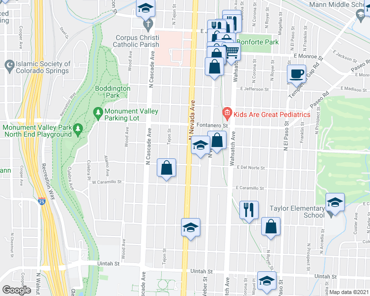 map of restaurants, bars, coffee shops, grocery stores, and more near 115 East Espanola Street in Colorado Springs