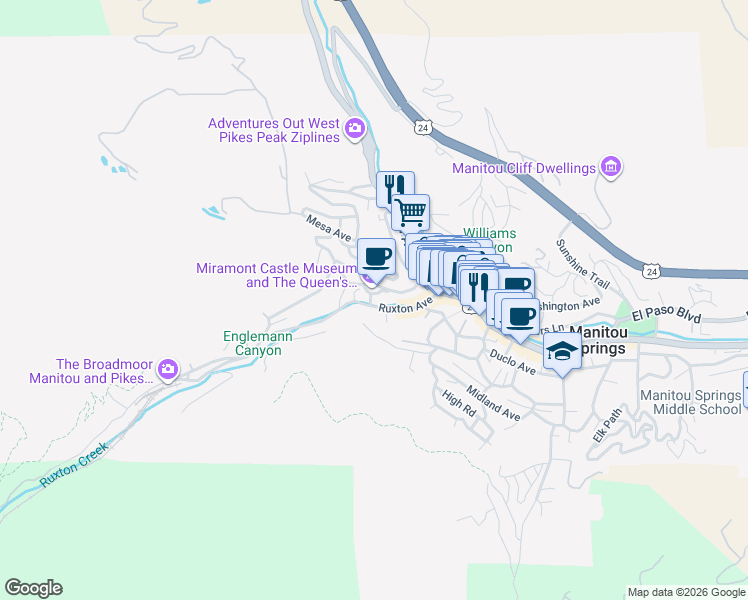 map of restaurants, bars, coffee shops, grocery stores, and more near 12 Capitol Hill Avenue in Manitou Springs