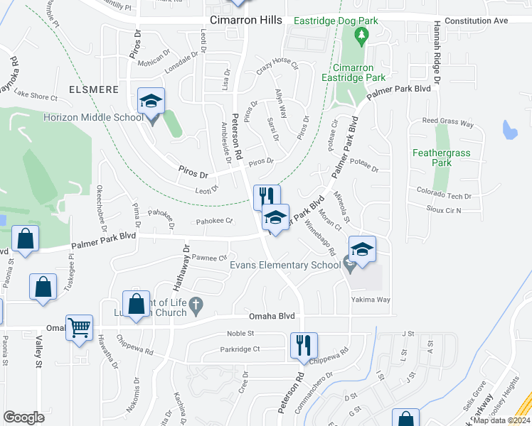 map of restaurants, bars, coffee shops, grocery stores, and more near 1873 Peterson Road in Colorado Springs