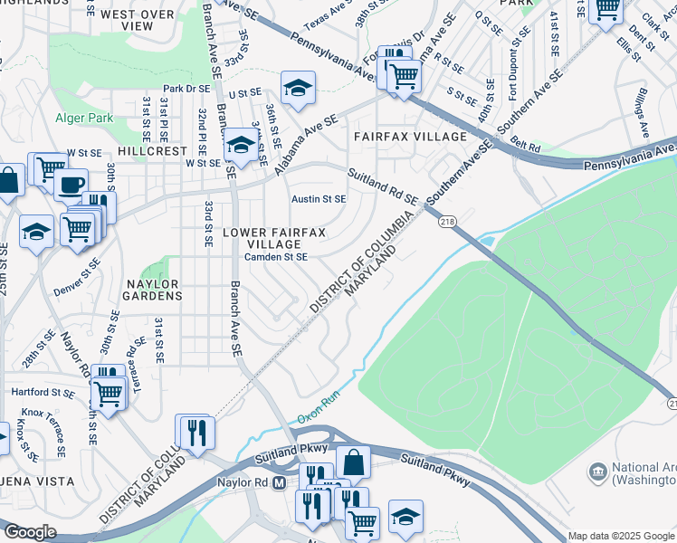 map of restaurants, bars, coffee shops, grocery stores, and more near 2520 36th Place Southeast in Washington