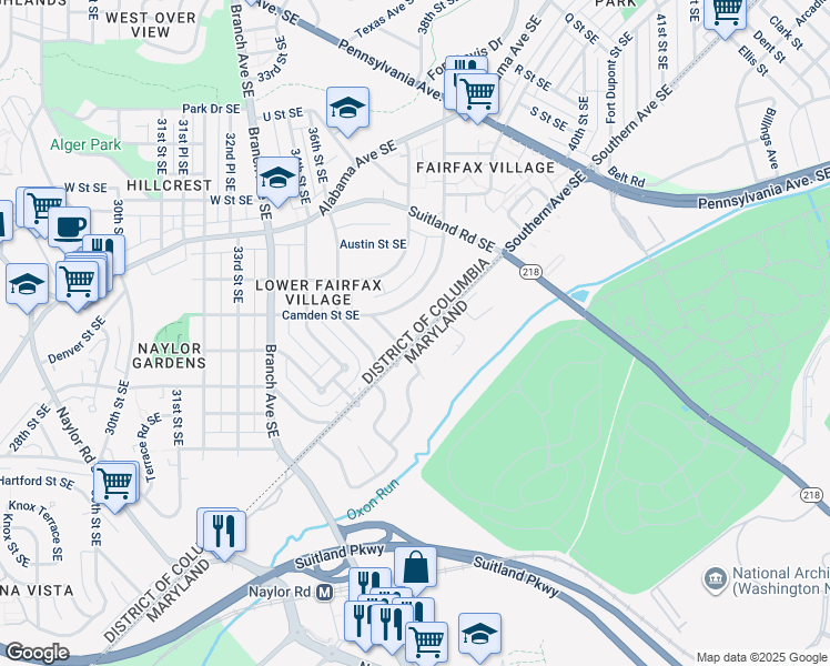 map of restaurants, bars, coffee shops, grocery stores, and more near 3648 Southern Avenue Southeast in Washington
