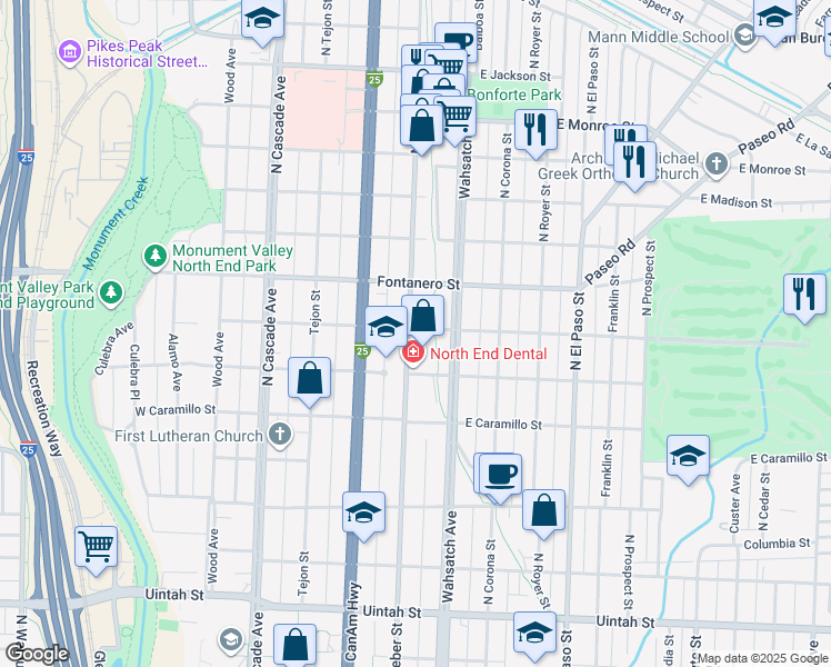map of restaurants, bars, coffee shops, grocery stores, and more near 1733 North Weber Street in Colorado Springs